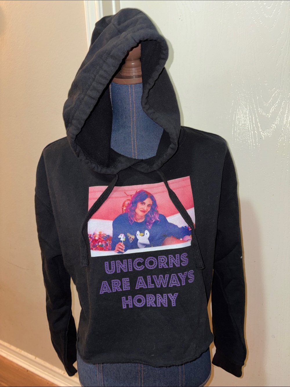 Black Graphic Hoodie with Purple 'Unicorns Are Always Horny' Print